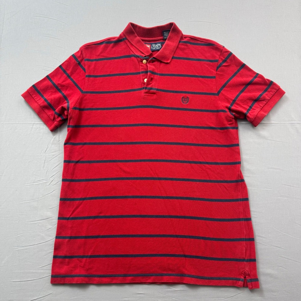Chaps Mens Red Navy Blue Striped Short Sleeve Polo Shirt Size Medium Cotton